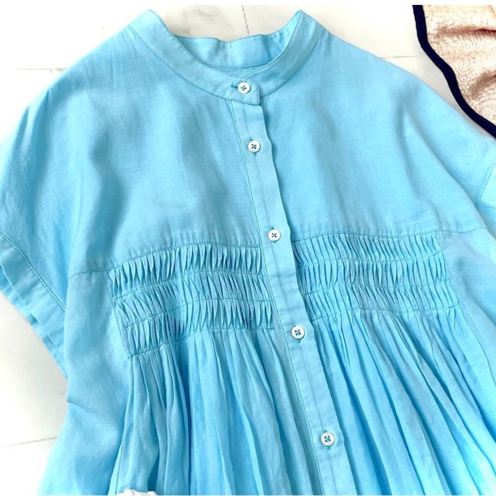 Light Blue Pleat Detail Button-Up Blouse